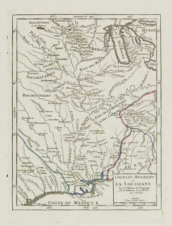 VAUGONDY, R. de, Cours du Mississipi et la Louisiane., antique map, old maps