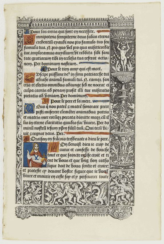 VERARD, A., Leaf with miniature showing Christ in Majesty, from a printed book of hours, on vellum., antique map, old maps