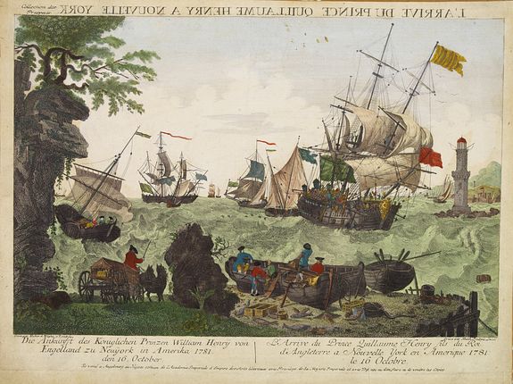 ACADEMIE, L'Arrive du Prince Guillaume Henry fils du Roi d'Angleterre a Nouvelle York en Amerique 1781 le 16 Octobre., antique map, old maps