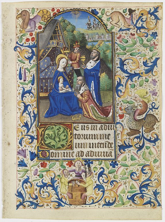 MASTER OF JEAN ROLIN II, Miniature of three kings offer gifts to the Christ Child, who is held by Mary., antique map, old maps
