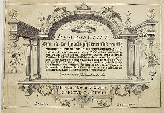 VREDEMAN DE VRIES, J. / HONDIUS, H., [Title page] Perspective die hooch-gheroemde conste.., antique map, old maps