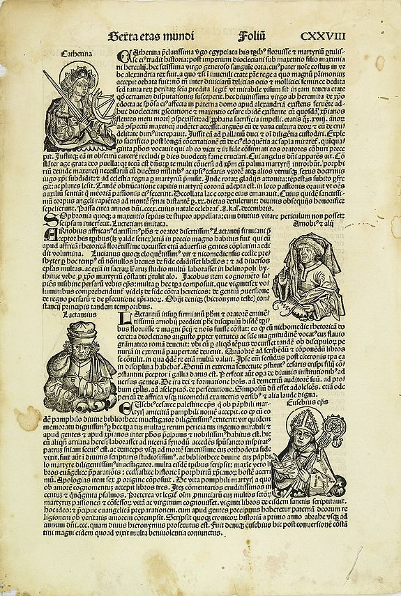 SCHEDEL, H.,   [Text page with Saints and Kings, folio CXXVIII ]., antique map, old maps