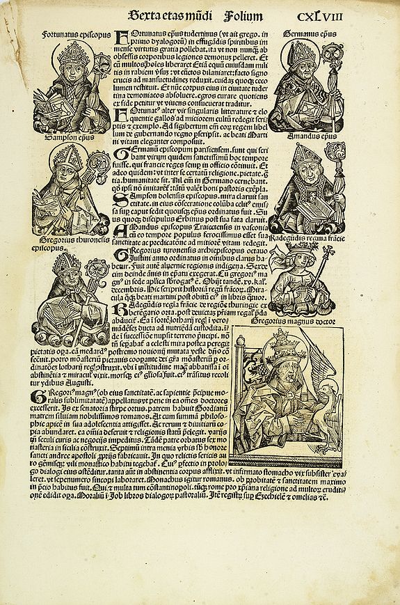 SCHEDEL, H.,   [Text page with Kings and Popes, folio CXLVIII ]., antique map, old maps