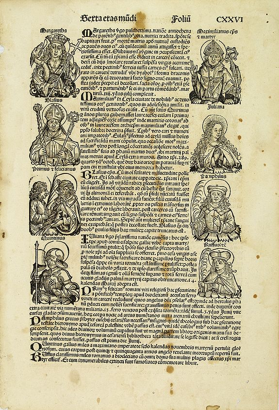 SCHEDEL, H.,  [Text page with Saints, Kings and Popes, folio CXXVI ]., antique map, old maps
