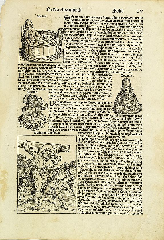 SCHEDEL, H.,  [Text page with two Crucufixion scenes and an array of Kings and known Roman personalities, folio CV ]., antique map, old maps