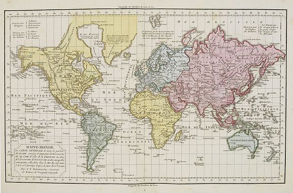 VAUGONDY, R. de / DELAMARCHE., Mappe-Monde ou carte générale de toutes les parties du globe, corrigée et augmentée des découvertes du Cap, Cook, de celles de la Pérouse en 1881. de Vancouver, de Mackensie en 1882, auxquelles sont ajoutées celles faites dans la Mer du Sud. . ., antique map, old maps
