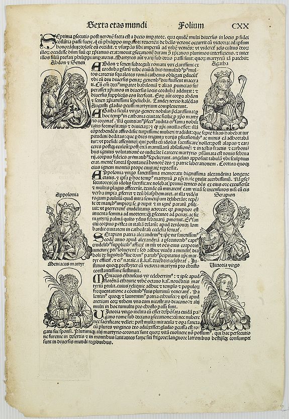 SCHEDEL, H.,  [Text page with Saints. Terta Etas Mundi. Folium. CXX ]., antique map, old maps