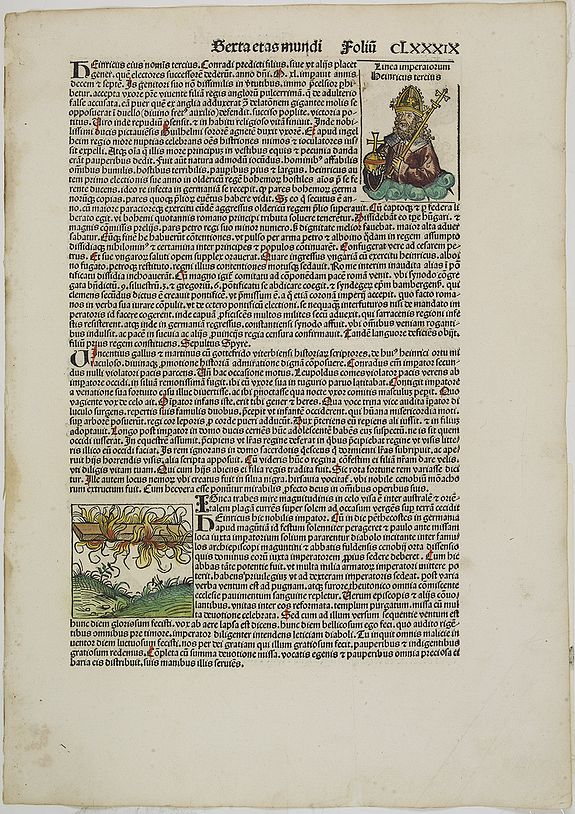 SCHEDEL, H.,  [Text page with Saints. Sexta Etas Mundi. Foliu CLXXXIX ]., antique map, old maps