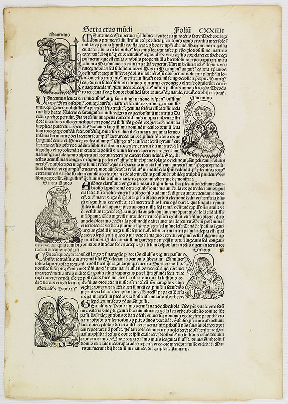 SCHEDEL, Hartmann.,  [Text page with Saints, Kings and Queens.] Terta Etas Mundi. Foliu. CXXIIII., antique map, old maps