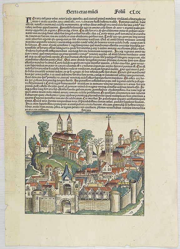 SCHEDEL, Hartmann.,  [Text page with a view of Wurzburg (Herbipolis) and Ferraria.] Sexta Etas Mundi. Foliu. CLIX., antique map, old maps