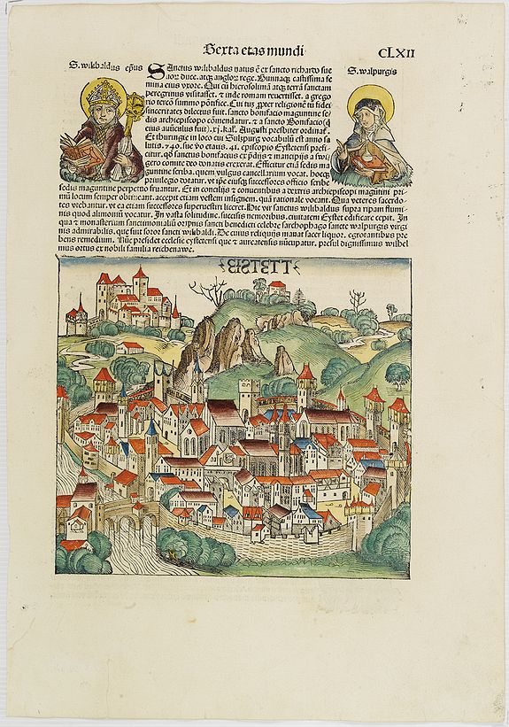 SCHEDEL, Hartmann., [Text page with Saints, and a view of Estett.] Terta Etas Mundi. Foliu. CLXII., antique map, old maps