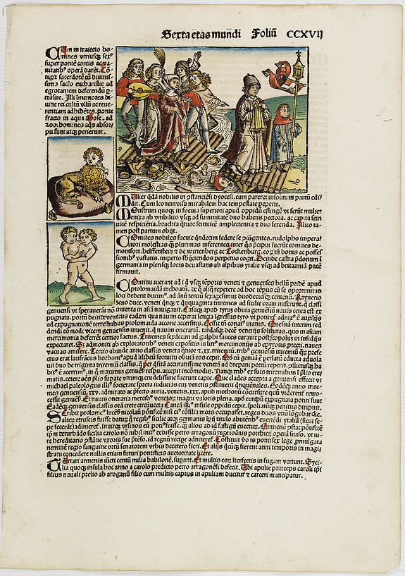 SCHEDEL, Hartmann.,  [Text page with male siamese twins, a man headed lion, and a bridge collapsing under a group of dancers at Maastricht, The Netherlands. ] Etas Mundi. Foliu. CCXVII, antique map, old maps