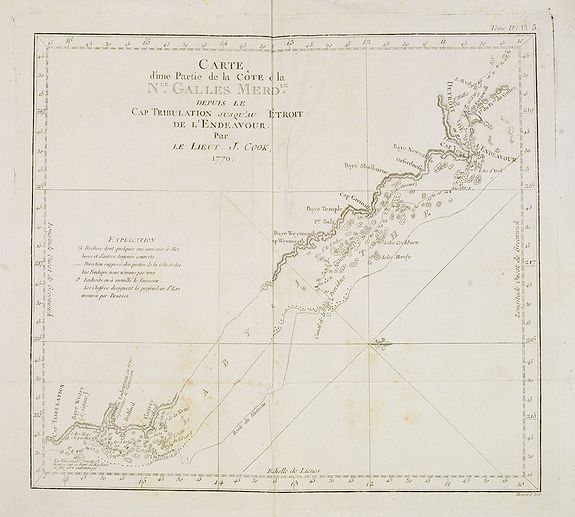 COOK, Captain James., Carte d'une Partie de la Côte, de la Nle Galles Meridle depuis le Cap Tribulation jusqu'au Detroit de l'Endeavour par le Lieut. J. Cook 1770. Tome IV. Pl. 3., antique map, old maps