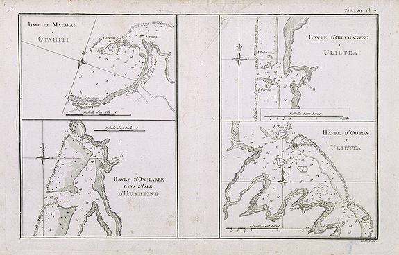 COOK, Captain James., Baye de Matavai a Otahiti / Havre d'Owharre dans l'Isle d'Huaheine / Havre d'Ohamaneno a Ulietea / Havre d'Oopoa a Ulietea. Tome III Pl. 2., antique map, old maps