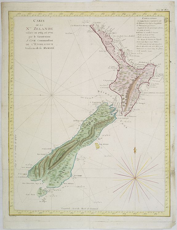 COOK, Captain James., Carte de la Nle. Zelande vifitée en 1769 et 1770 par le Lieutenant J. Cook Commandant de l\'Endeavour. . . . Tome III Pl. 7., antique map, old maps
