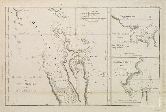 COOK, Captain James., Riviere Tamise et Baye Mercure a la Nle. Zélande / Baye des Isles dans la Nle. Zelande / Baye de Tolaga dans la Nle. Zelande /Tome III Pl. 9., antique map, old maps