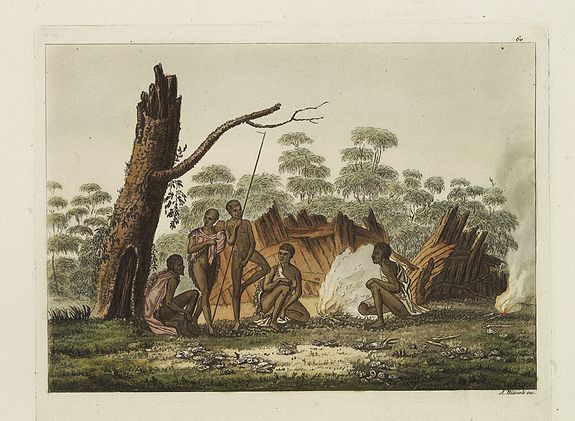 FERRARIO, G.,  [ Inhabitants of Van-Diemen's Land (Vandemonian) around a camp fire ]., antique map, old maps