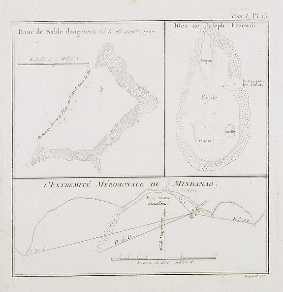 COOK, Captain James.,  Banc de Sable dangereux / Isles de Jofeph Freewill / L'Extr�mit� M�ridionale de Mindanao. [Tome I. Pl. 15.], antique map, old maps
