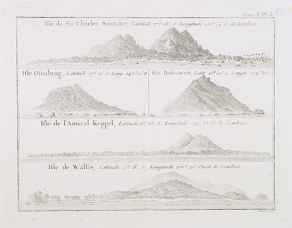 COOK, Captain James.,  Isle de Sir Charles Saunder. . . / Isle Osnabrug. . . / Isle de l'Amiral Keppel. . . / Isle de Wallis. . .  [Tome II Pl. 3.], antique map, old maps