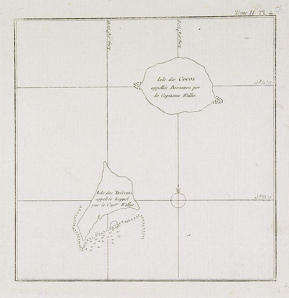 COOK, Captain James., Isles des Cocos appellée Bosscaiven par le Capitaine Wallis / Isles des Traîtres appellée Keppel par le Capitaine Wallis. Tome II Pl. 4., antique map, old maps