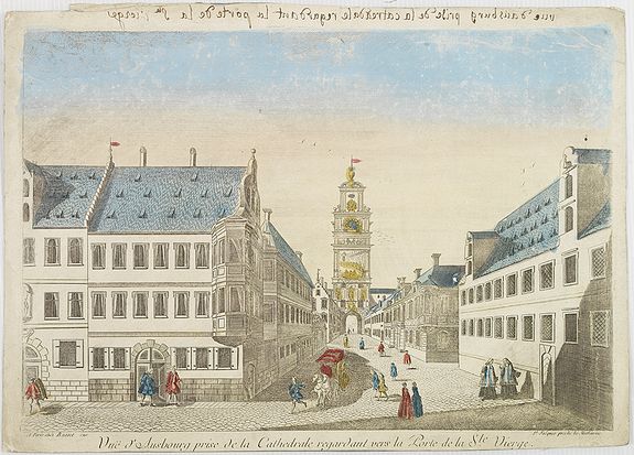 BASSET, A.,  Vue d'Ausbourg prise de la Cathedrale regardant vers la Porte de la Sainte Vierge., antique map, old maps