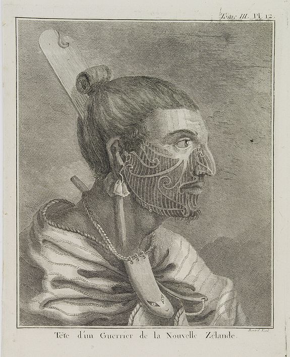COOK, Captain James.,  T�te d'un guerrier de la Nouvelle Z�lande.  [Tome III Pl. 12.], antique map, old maps