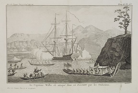 COOK, Captain James.,  Le Capitaine Wallis est attaqu� dans le Dauphin par les Otahitiens.  [Tome II Pl. 1�re.], antique map, old maps