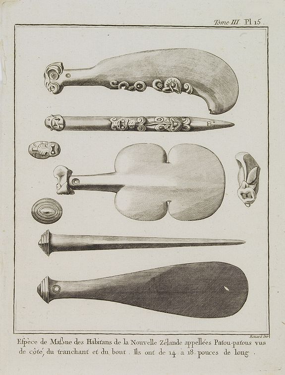 COOK, Captain James.,  Esp�ve de Massue des Habitants de la Nouvelle Z�lande appell�es Patous-patous vus de c�t� du tranchant et du bout. Ils ont de 14 � 18 ouces de long.  [Tome III Pl. 15.], antique map, old maps