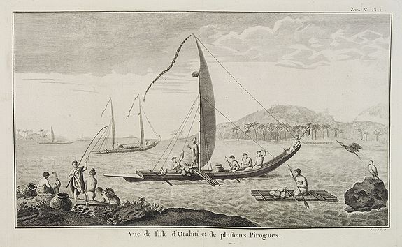 COOK, Captain James.,  Vue de l'Isle d'Otahiti et de plusieurs Pirogues.  [Tome II Pl. 11.], antique map, old maps
