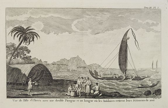 COOK, Captain James.,  Vue de l'Isle d'Uliet�a avec une double Pirogue et un hangar o� les Insulaires retirent leurs b�timents de mer.  [Tome III Pl. 5.], antique map, old maps