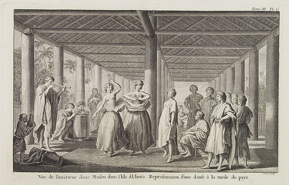 COOK, Captain James.,  Vue de l'int�rieur d'une maison dans l'Isle d'Uliet�a. Representation d'une danse � la mode du pays.  [Tome III Pl. 6.], antique map, old maps