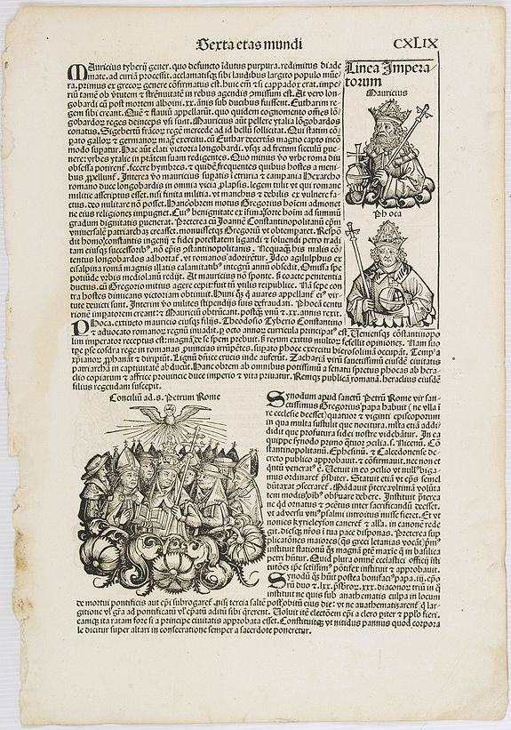 SCHEDEL, H.,  [Papal council, portraits of different saints and kings, and a scene of the crucifixion on recto. Terta etas mundi. CXLIX]., antique map, old maps