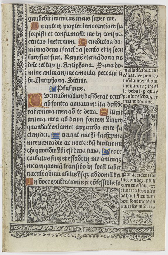 BOOK OF HOURS, Leaf on vellum from a printed Book of Hours, with the cycle of the 'dance of deaths'., antique map, old maps