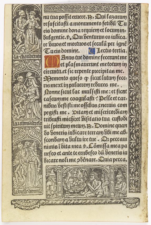 BOOK OF HOURS, Leaf on vellum from a printed Book of Hours, with the cycle of the dance of deaths., antique map, old maps