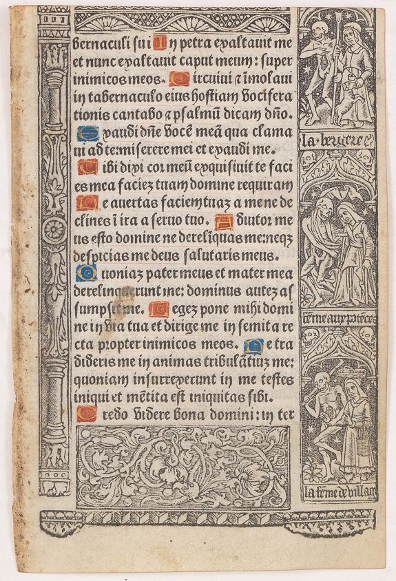 BOOK OF HOURS, Leaf on vellum from a printed Book of Hours, with the cycle of the dance of deaths., antique map, old maps