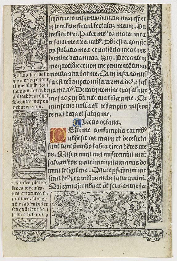 BOOK OF HOURS, Leaf on vellum from a printed Book of Hours, with the cycle of the dance of deaths., antique map, old maps