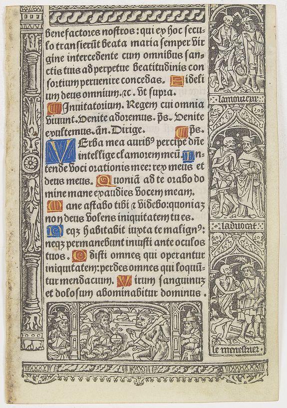 BOOK OF HOURS, Leaf on vellum from a printed Book of Hours, with the dance of deaths., antique map, old maps