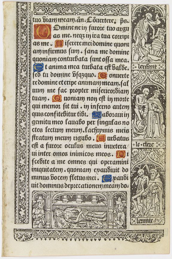 BOOK OF HOURS, Leaf on vellum from a printed Book of Hours, with the dance of deaths., antique map, old maps