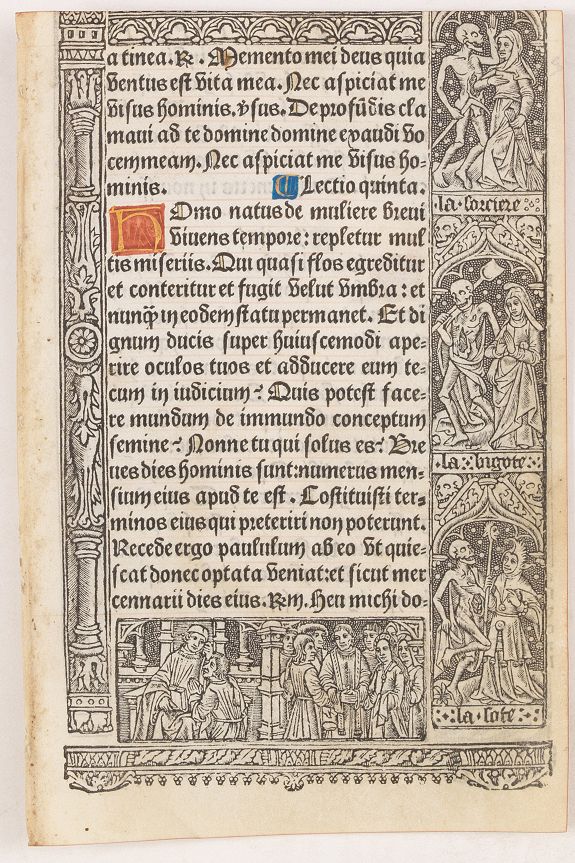 BOOK OF HOURS, Leaf on vellum from a printed Book of Hours, with the cycle of the dance of deaths., antique map, old maps