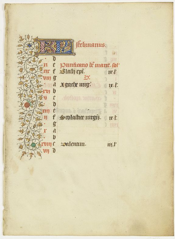BOOK OF HOURS, Calendar for February - A manuscript leaf from a Book of Hours., antique map, old maps