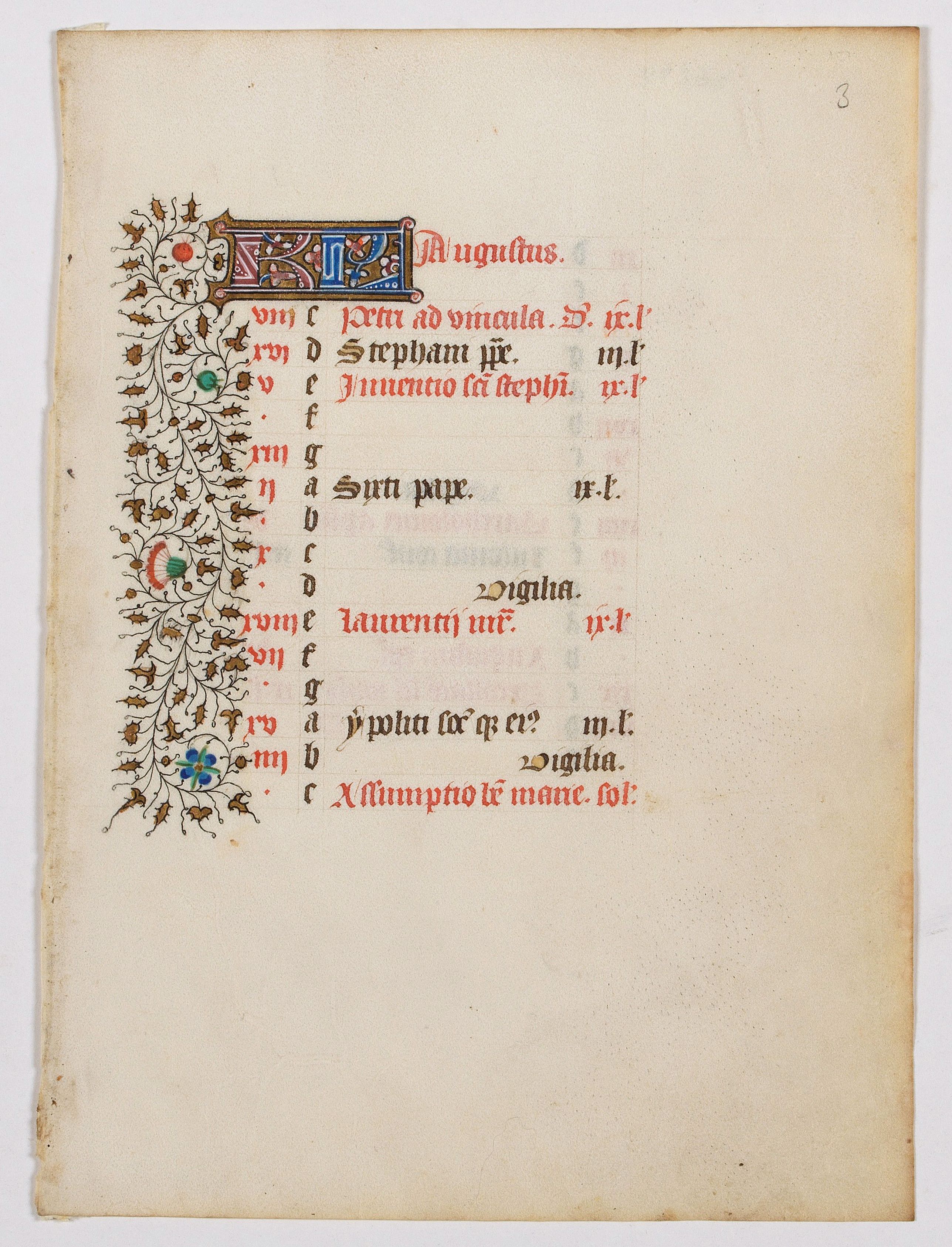 BOOK OF HOURS, A manuscript leaf from a Book of Hours. (Calendar month of August), antique map, old maps