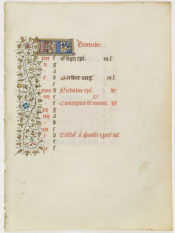 BOOK OF HOURS, Calander leaf for December from manuscript leaf from a Book of Hours., antique map, old maps