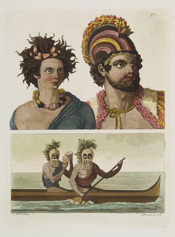 FERRARIO, G.,  [ Hawaiian traditional head dresses and masks  ]., antique map, old maps