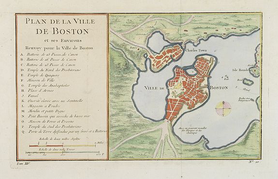 BELLIN, J.N., Plan de la Ville de Boston et ses Environs., antique map, old maps