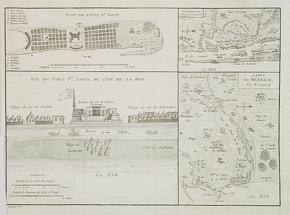 LAMIRAL, M., Carte du Sénégal / Plan de l\'Isle St. Louis / Vue du Fort St. Louis du côté de la mer. / Environs de l' Isle St. Louis., antique map, old maps
