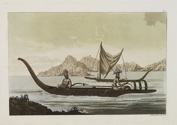 FERRARIO, G.,  [ Pirogues in the bay of the voyage of the Resolution. The Marquesas Islands ]., antique map, old maps
