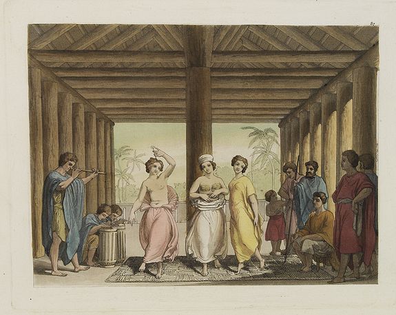 FERRARIO, G.,  [ Women dancing in a Ulietea house ]., antique map, old maps