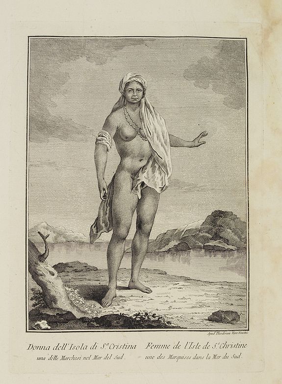 VIERO, Theodorum., Donna dell' Isola di S.a Cristina una delle Marchesi nel Mar del Sud. / Femme de l' Isle de S.e Christine une des Marquises dans la Mer du Sud., antique map, old maps