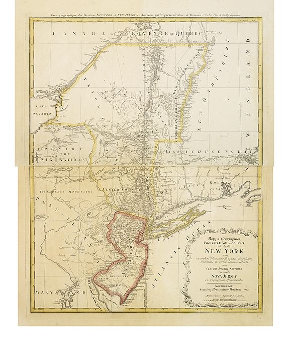 HOMANN HEIRS., Mappa geographica Provinciæ Nova Eboraci ab Anglis New-York dictæ ex ampliori delineatione ad exactas dimensiones concinnata in arctius spatium redacta cura Claudii Josephi Sauthier cui accedit Nova Jersey ex topographicis observationibus., antique map, old maps