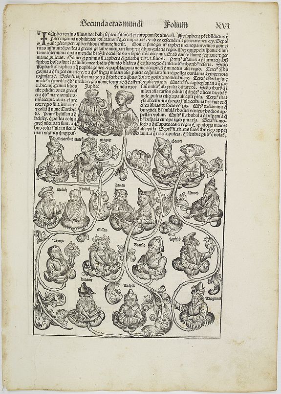 SCHEDEL, H.,  Secunda etas mundi. Folium XVI. [ With genealogical tree of Japheth ], antique map, old maps